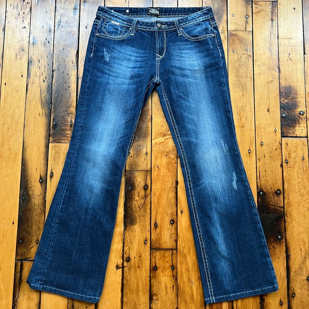 Rerock Express Womens 12 Low Rise Boot Cut Jeans Dark Wash Embroidered Y2K 32x30